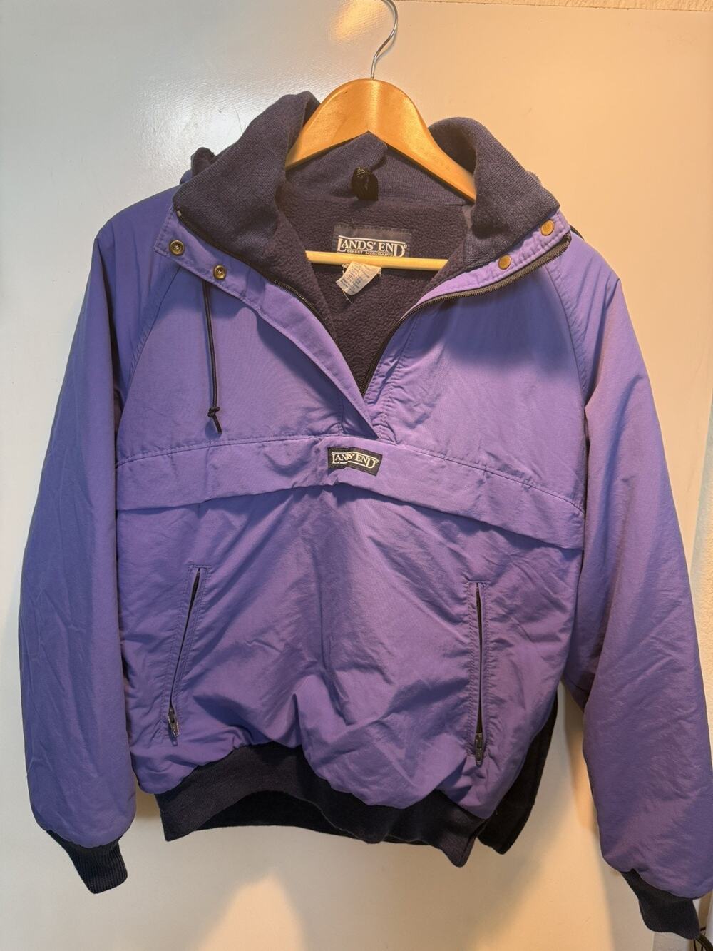 Vintage Lands End Jacket Women’s M Purple Hooded Fleece Pullover Anorak 90s USA